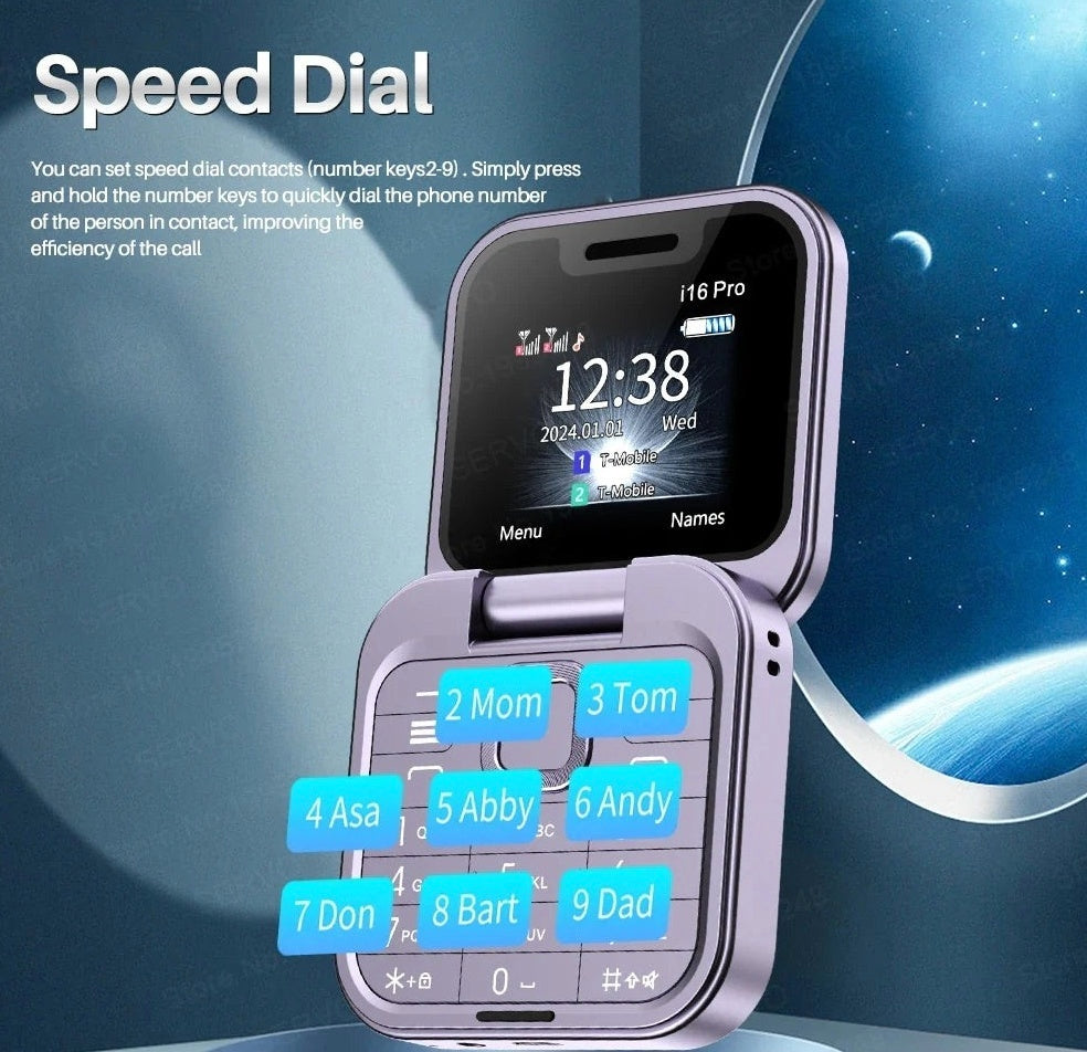 Telefon mobil mini cu ecran dublu, butoane mari, lanterna LED, camera foto, 2 x Nano SIM, player muzical, radio