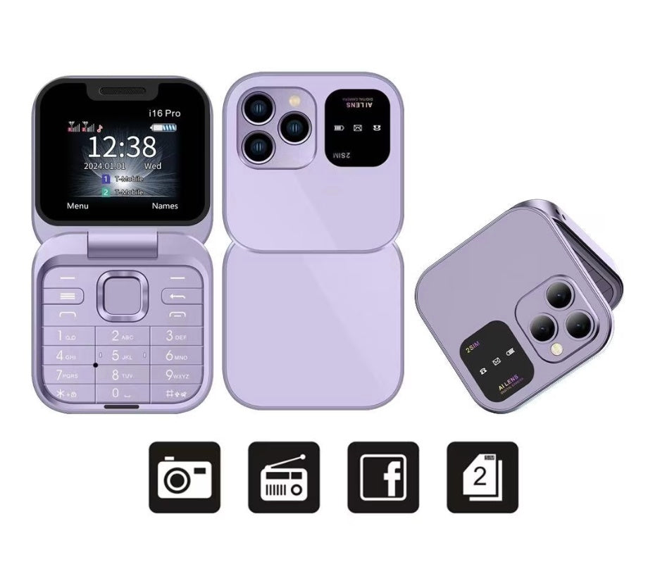 Telefon mobil mini cu ecran dublu, butoane mari, lanterna LED, camera foto, 2 x Nano SIM, player muzical, radio