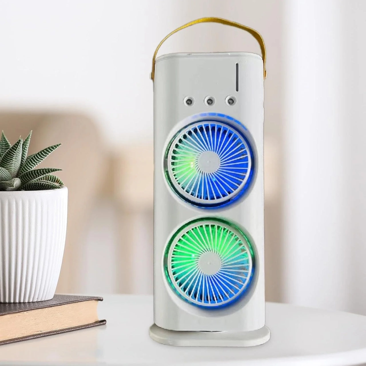Ventilator cu Led portabil de birou cu umidificare prin pulverizare, Dimensiuni 37 X16 Cm, Alb