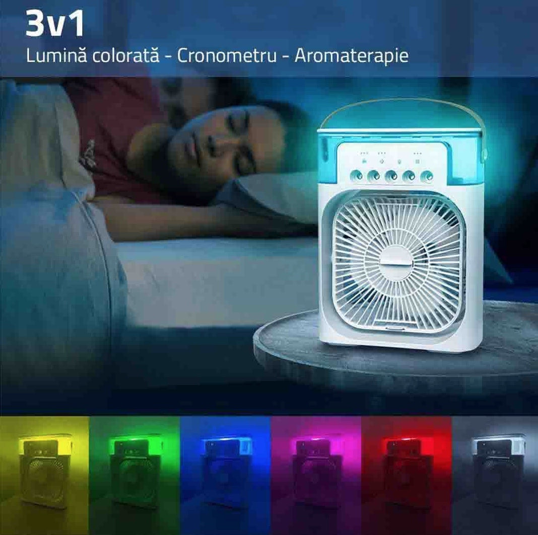 Ventilator cu pulverizare de apa, difuzor de mirosuri, temporizator de oprire automata