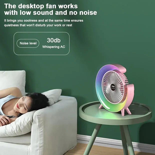 Ventilator portabil de Birou - 3 Viteze, 5 Moduri Luminare RGB, USB-C, 1800 mAh