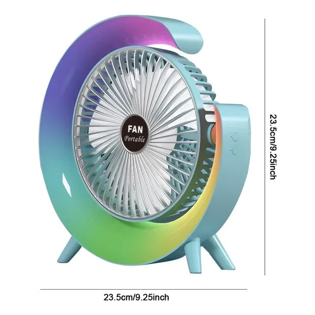Ventilator portabil de Birou - 3 Viteze, 5 Moduri Luminare RGB, USB-C, 1800 mAh